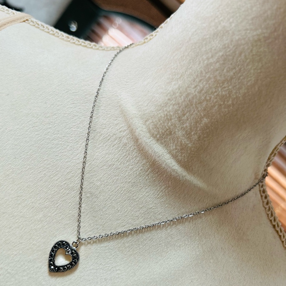 Heart shaped marcasite tone rhinestone pendant on chain necklace